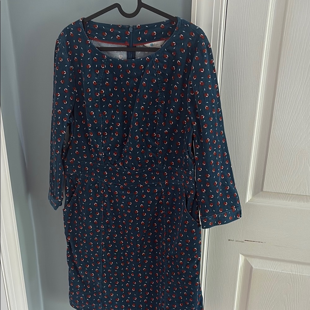 Boden Navy Blue Midi Dress with Red Dot Print